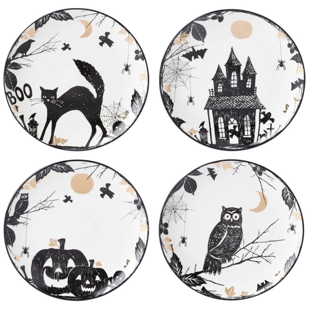 Conjunto de Pratos Decorativos com 4 Peças, Tema de Halloween e Material de Porcelana, LENOX 896871, Branco e Preto