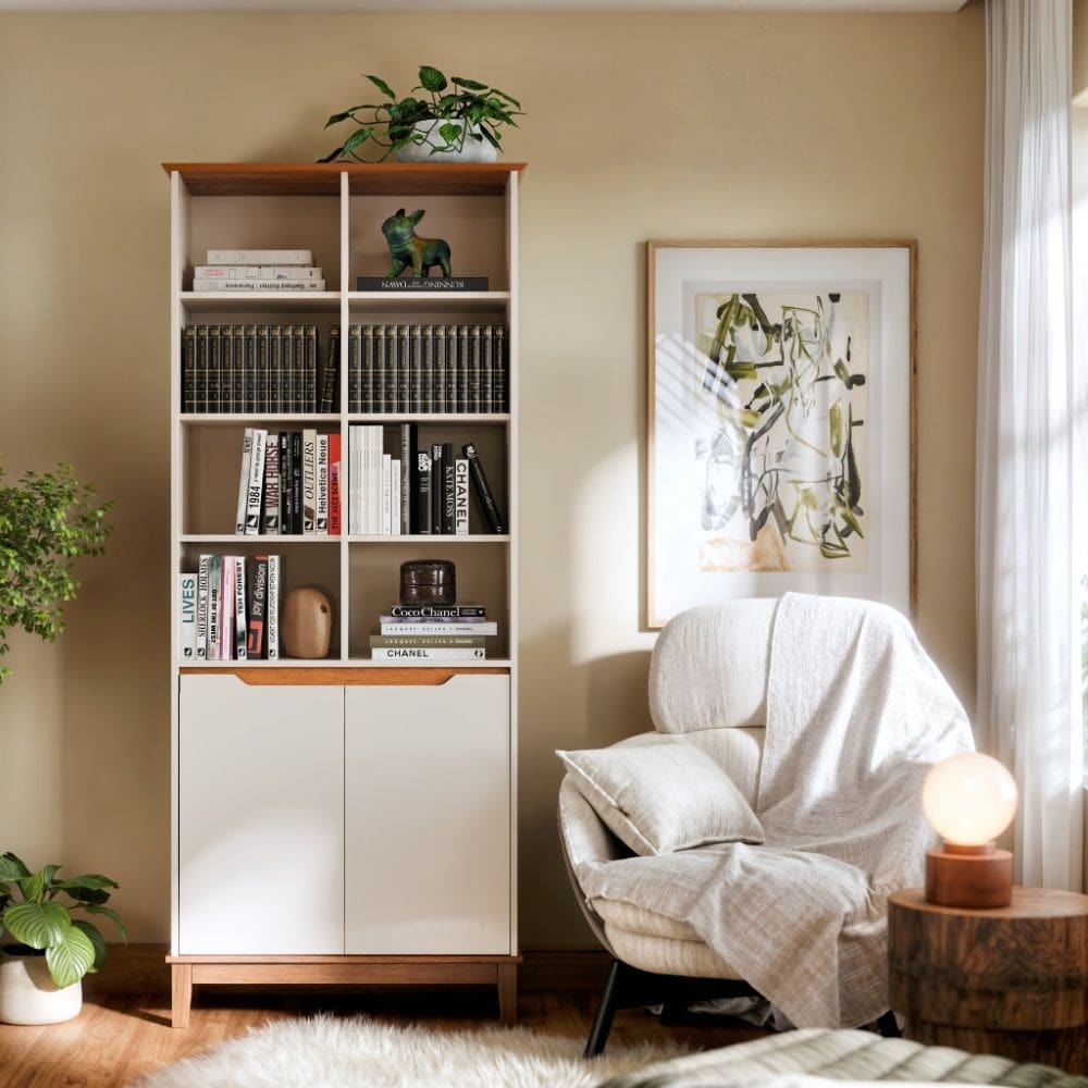 Estante Livreiro 2 Portas Flow Off White Freijó EJ Móveis