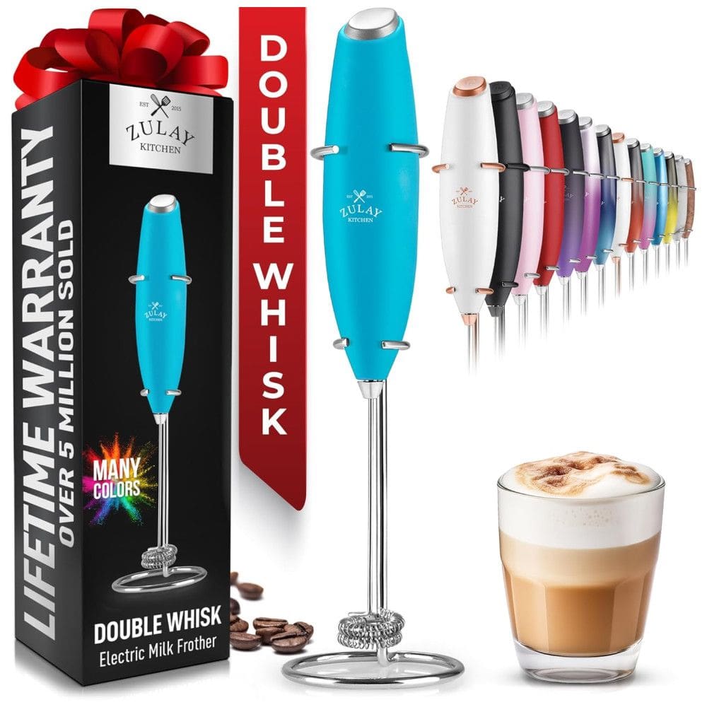 Espumador de Leite Portátil com Suporte de Aço Inoxidável e Batedor Duplo, ZULAY KITCHEN Twin Whisk 12,500 RPM, Azul