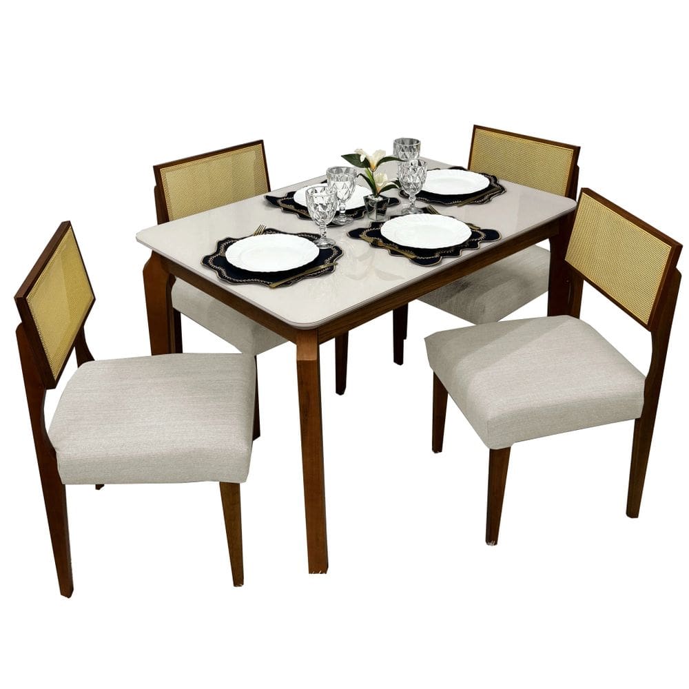 Mesa de Jantar Alegra 120x80 COM Vidro 4 Cadeiras Grecia Cor Cinamomo Off White com Tecido Bege