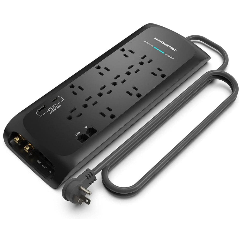 Protetor Contra Picos de Energia e Raios com 12 Portas CA e 2 USB C e USB A, 110v, MONSTER, Preto