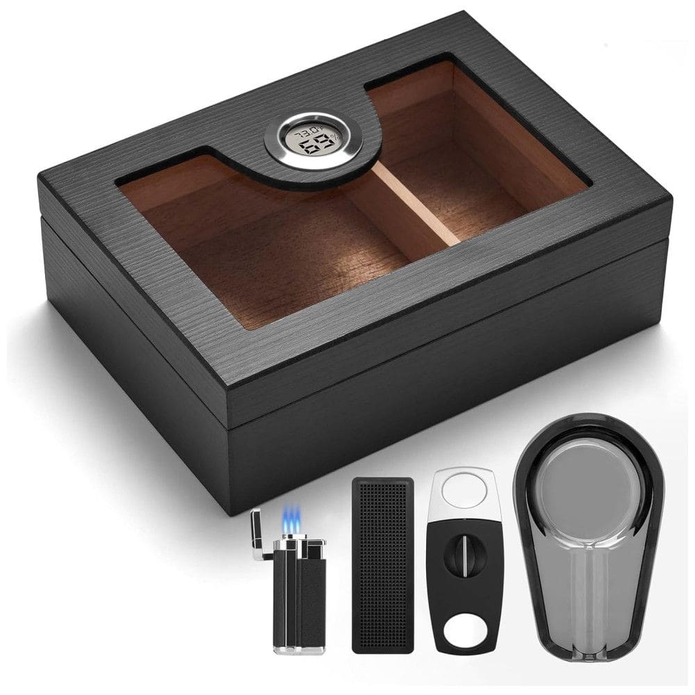 Umidor de Cedro Espanhol para 25-50 Charutos c/ Higrômetro, Umidificador, Cinzeiro, Cortador e Isqueiro - Kit Completo de