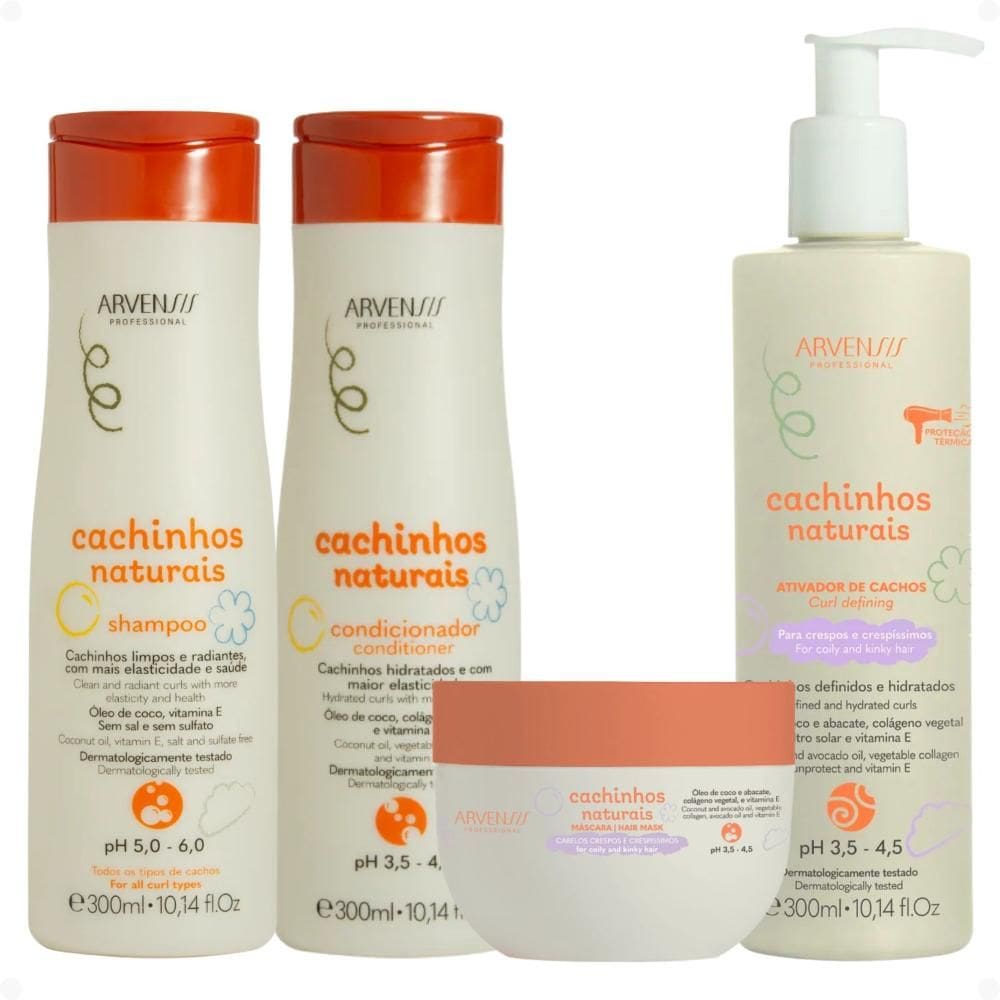 Kit Arvensis Cachinhos Naturais Cabelos Crespos e Crespíssimos: Shampoo 300ml, Condicionador 300ml, Máscara 250g e Ativador de Cachos 300ml