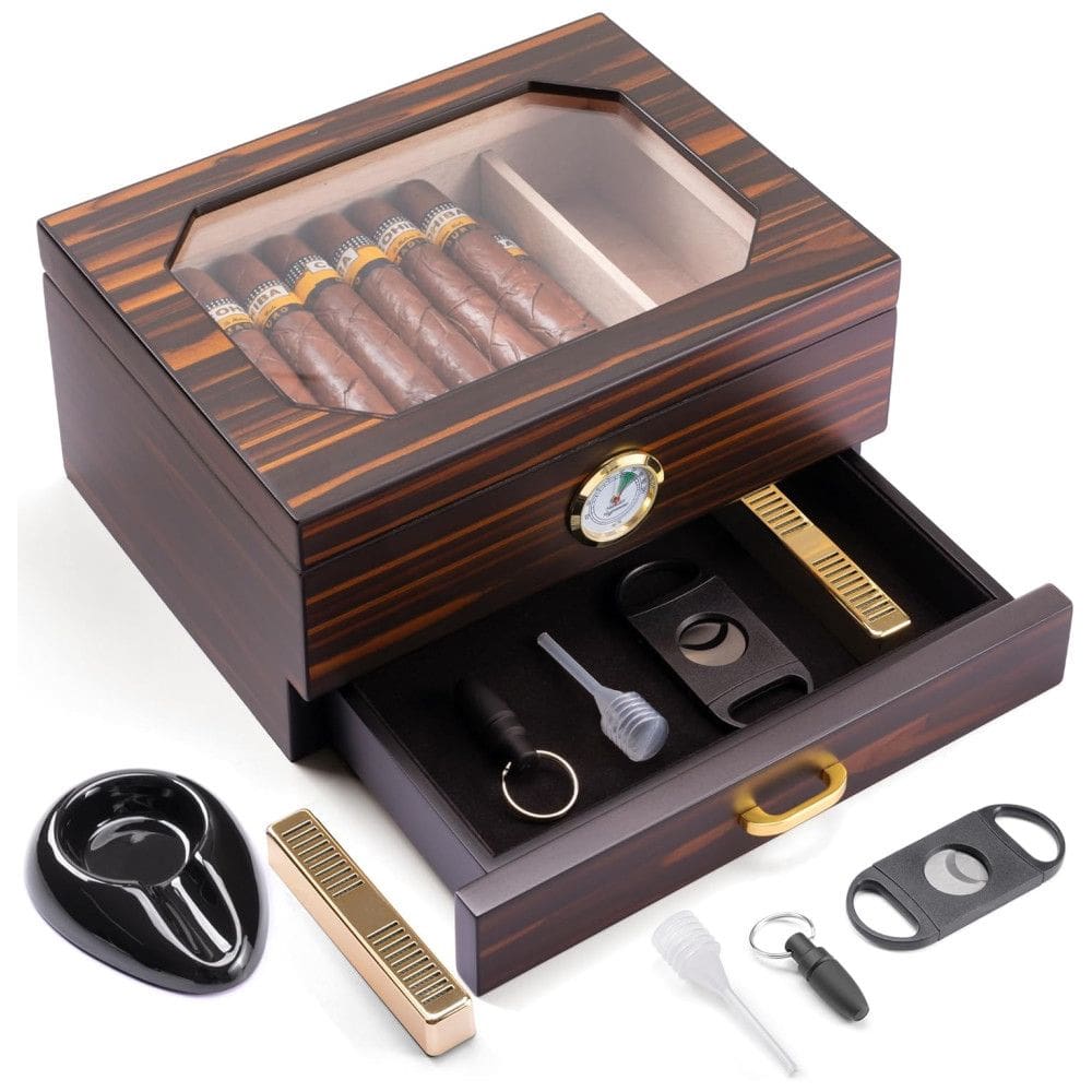 Umidor de Cedro Espanhol para 25-50 Charutos com Acessórios e Armazenamento, Higrômetro, Umidificador, Cinzeiro e Cortador - Apreciador