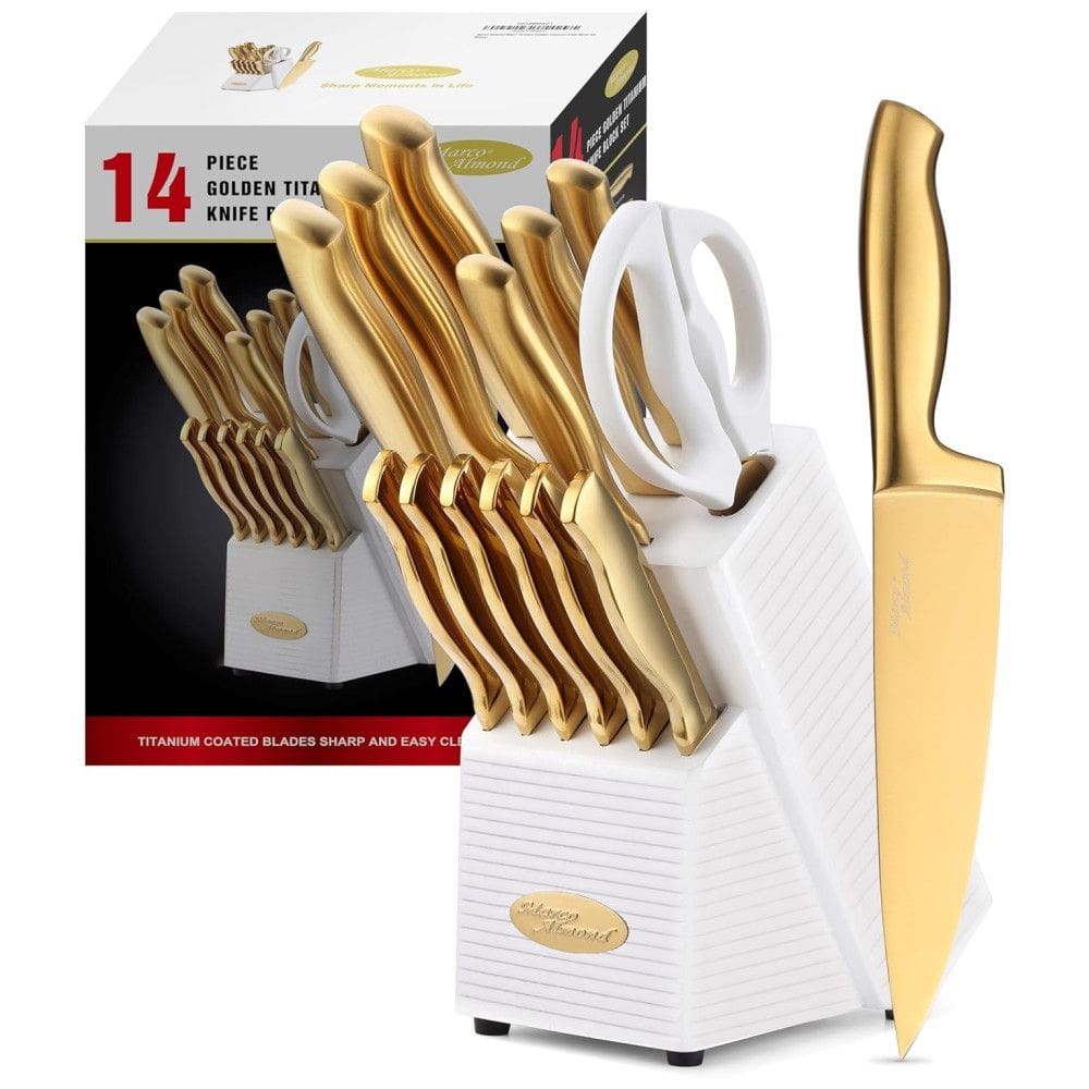 MA21 Conjunto de Facas em Aço Inoxidável com Bloco de Bancada, 14 Peças, MARCO ALMOND, Dourado