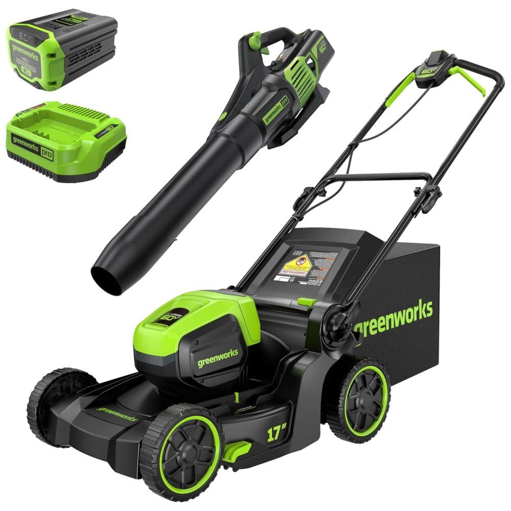 Cortador de Grama sem Fio Greenworks 60V e Soprador 60V 610 CFM com Bateria 4.0Ah e Carregador 3A