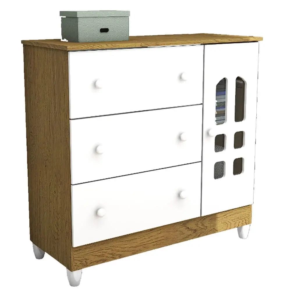 Cômoda Fraldário Eloa 1 Porta 3 Gavetas Carolina Baby Cor Branco Amadeirado