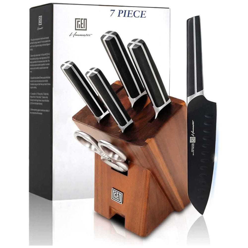 Conjunto de Facas em Aço Inoxidável com Bloco de Bancada, 7 Peças, HANMASTER, Preto
