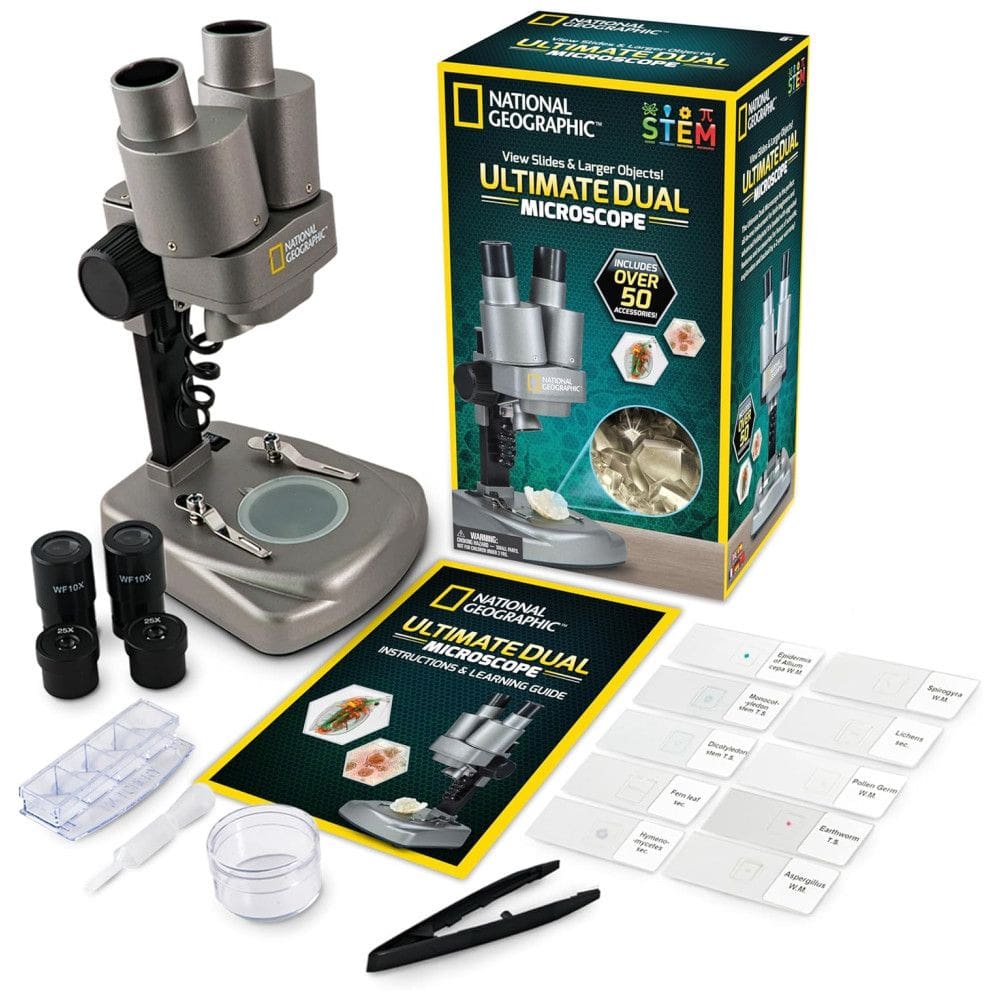 Microscópio com LED Duplo 3D com 50 Peças para Crianças de 8 Anos ou Mais, NATIONAL GEOGRAPHIC, Cinza