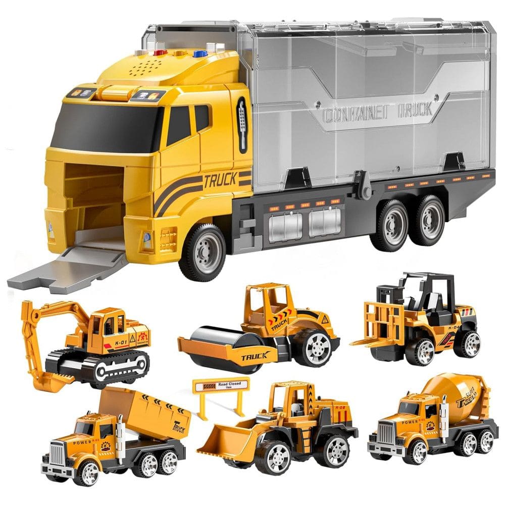 Caminhão Transportador de Carros de Construção com Tapete de Brincar, Conjunto de Carrinhos de Metal, 3 a 9 Anos, Temi, Amarelo