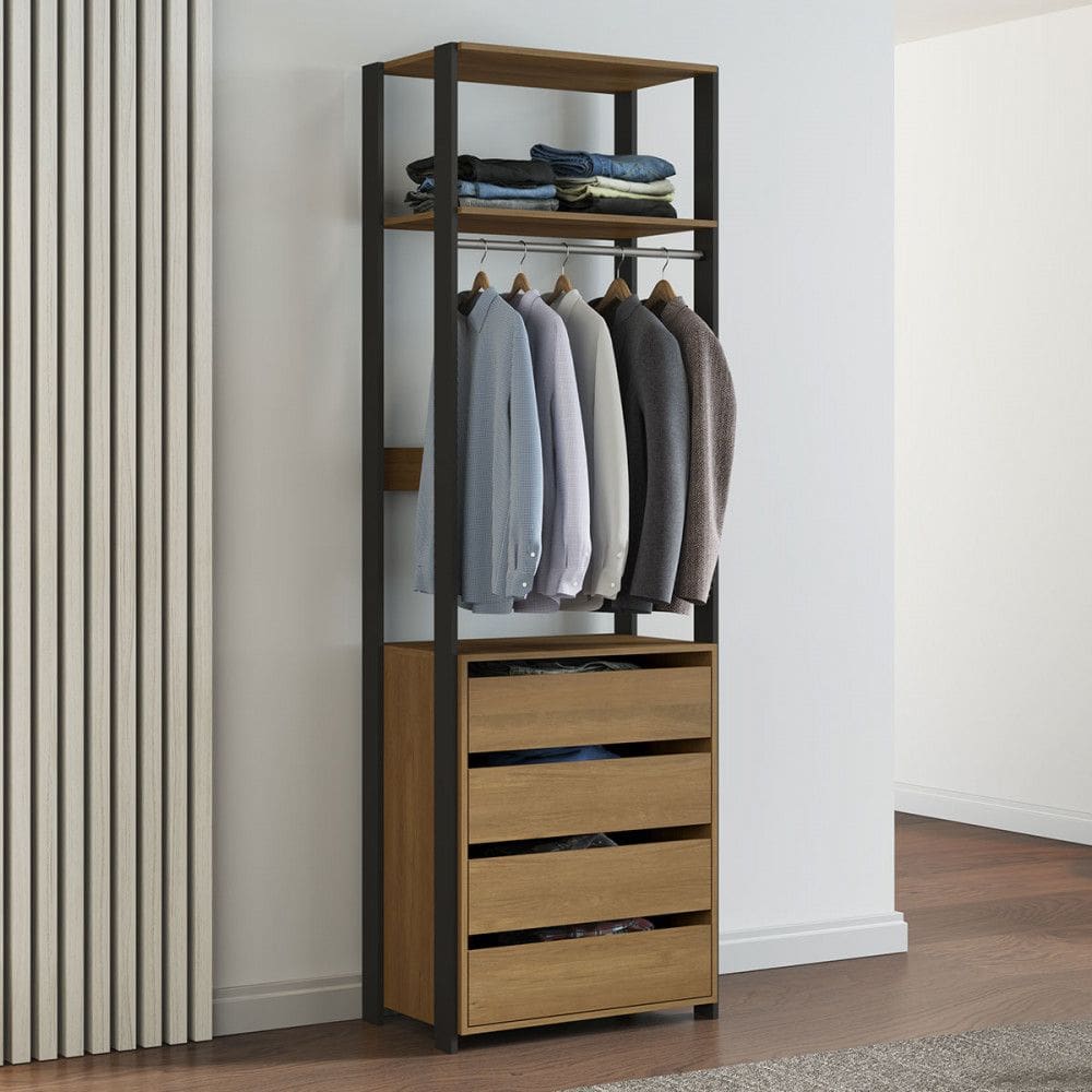 Guarda-Roupa 6105 70x220cm 4 Gavetas Closet Aberto MDP Carvalho Industrial Bacco MENU