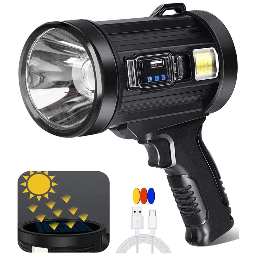 Lanterna LED Recarregável com Painel Solar e 90.000 Lúmens, JSKNB, Preta