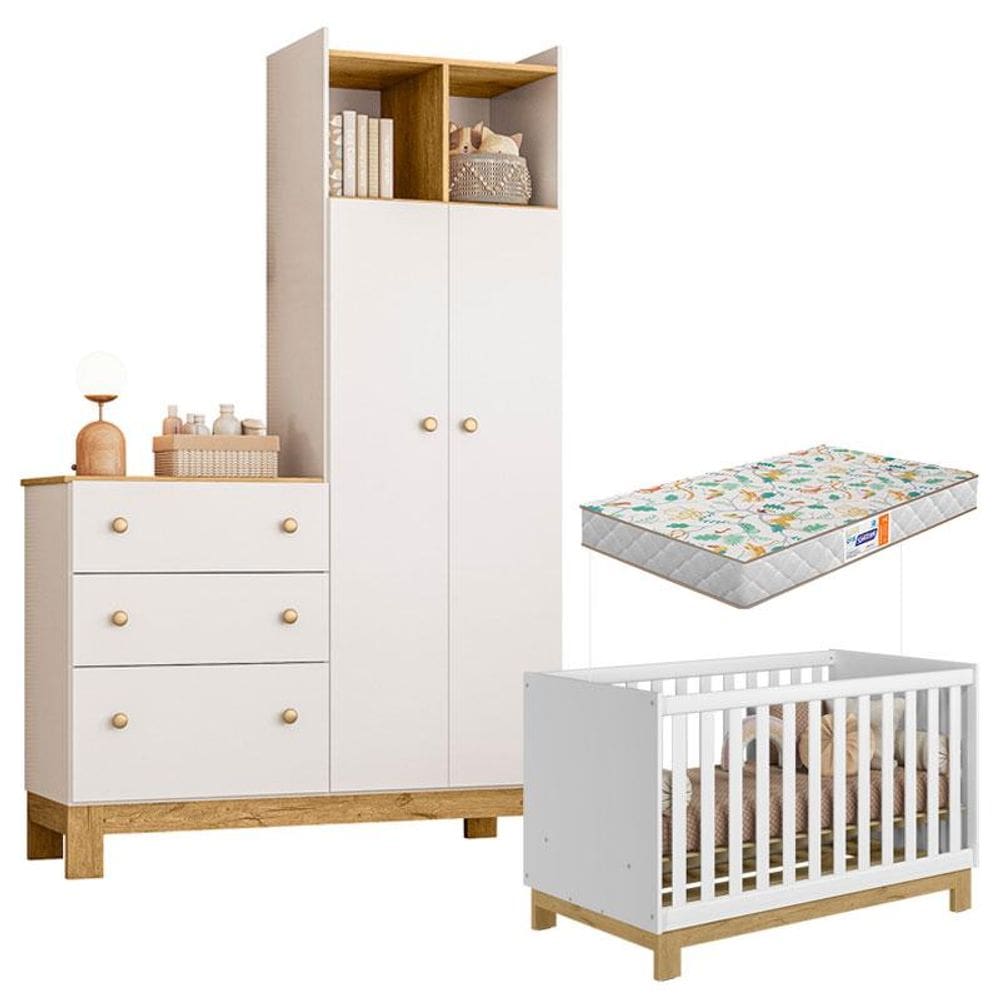 Berço Americano 4315 Mini Cama e Guarda Roupa com Cômoda Q Encanto Slim 4970 Branco Acetinado com Colchão Gazin – Qmovi