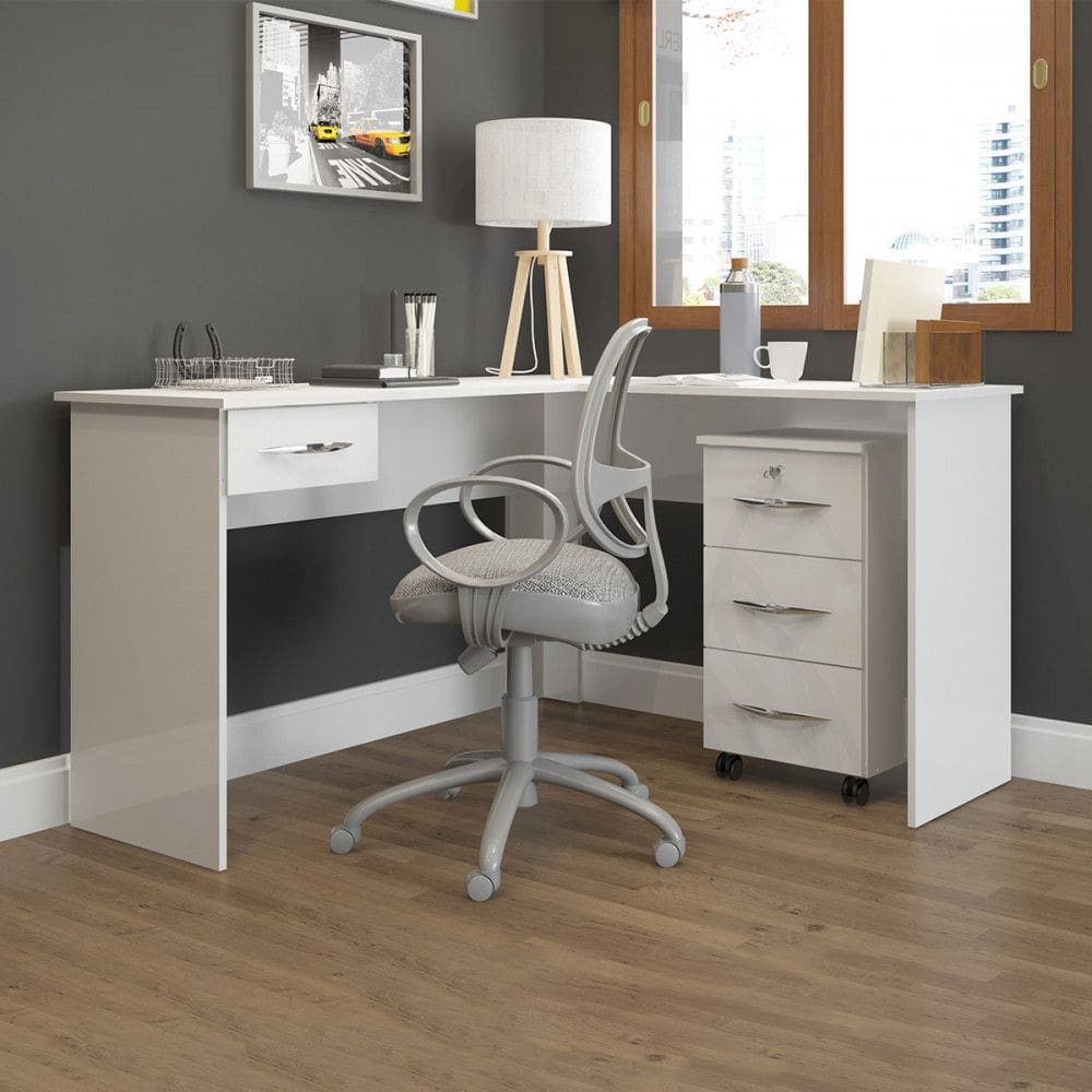 Kit Escritório Mesa Escrivaninha com Gaveteiro MDP Branco 0703 MENU