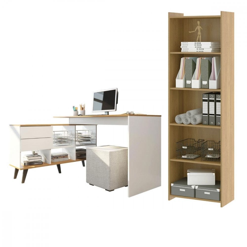 Kit Home Office com Mesa L Estante Prateleira Branco Carvalho