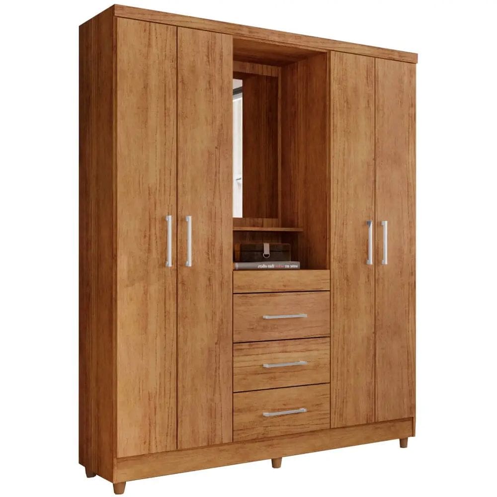 Guarda Roupa Capelinha Lyon Solteiro com Espelho 4 Portas 3 Gavetas Rud Rack Cor Cedro