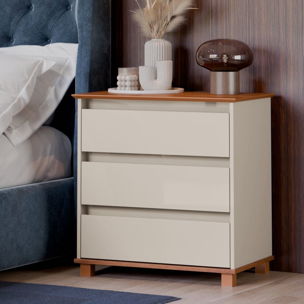 Mesa de Cabeceira 33055 3 Gavetas Off White Freijó EJ Móveis