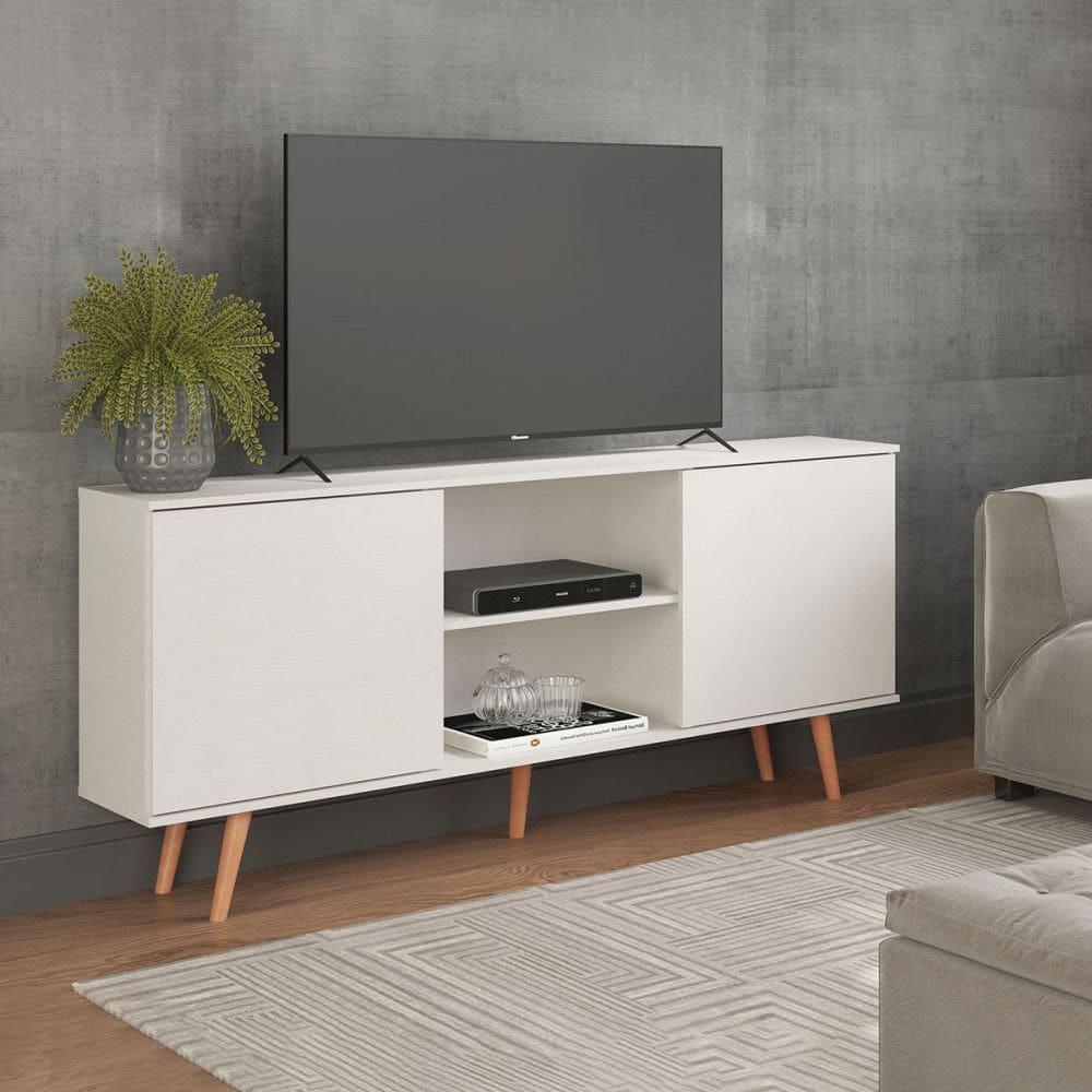 Rack TV 65 Pol. Pés Madeira 180x79Cm MDP Branco 0635
