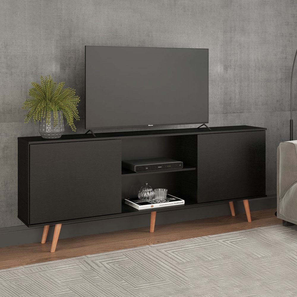 Rack TV até 65 Pol. Pés em Madeira 180x79Cm MDP Preto 0635