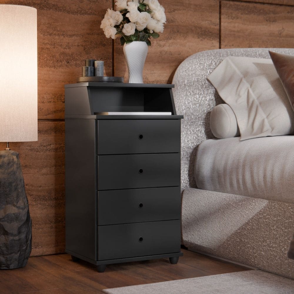 Mesa de Cabeceira 25920 Luxo II New 4 Gavetas Preto EJ Móveis