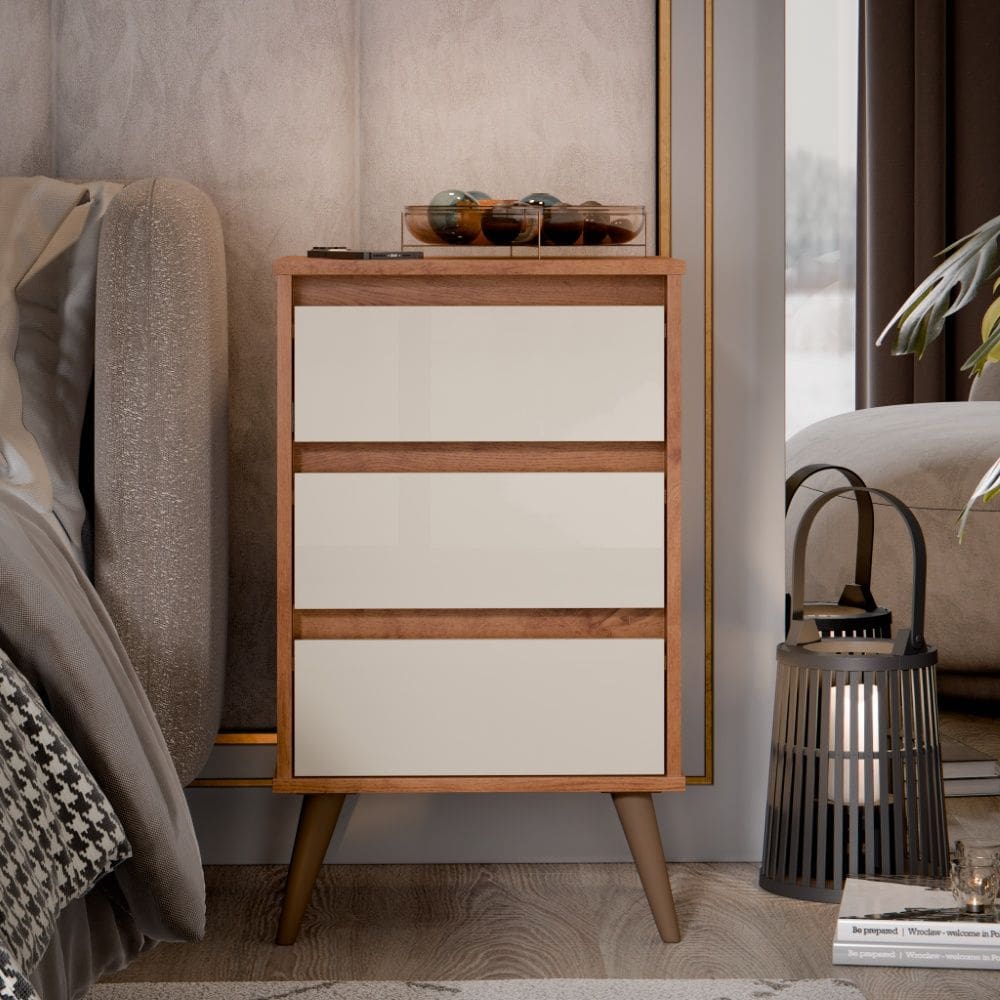 Mesa de Cabeceira Retro Wood 3 Gavetas Off White Freijó EJ Móveis
