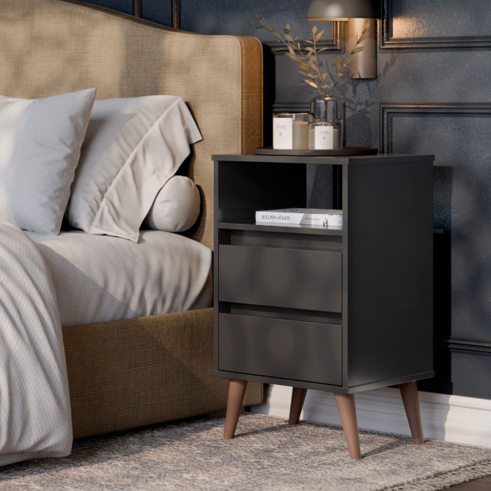 Mesa de Cabeceira Retro Roma 2 Gavetas Preto EJ Móveis