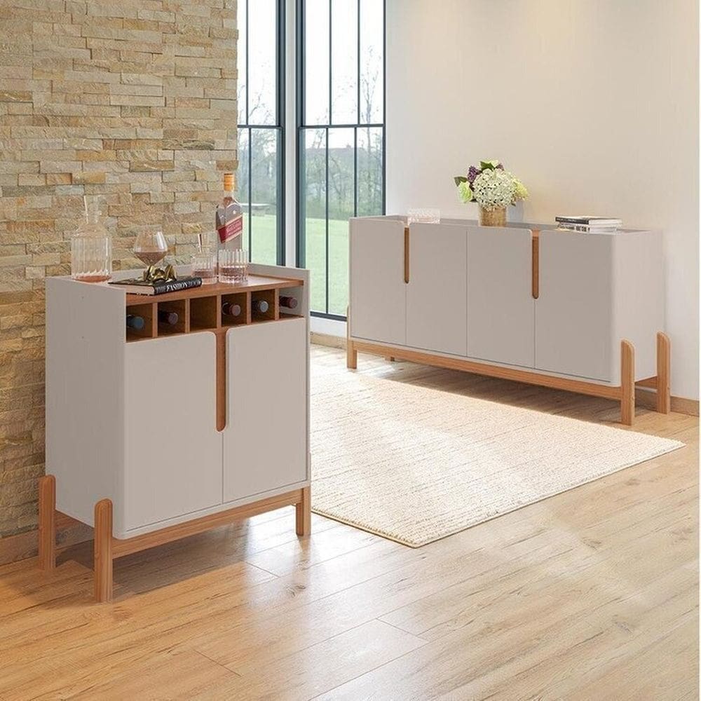 Buffet 1,70 + Barzinho Lizz Pés de Madeira Maciça Off White / Cedro