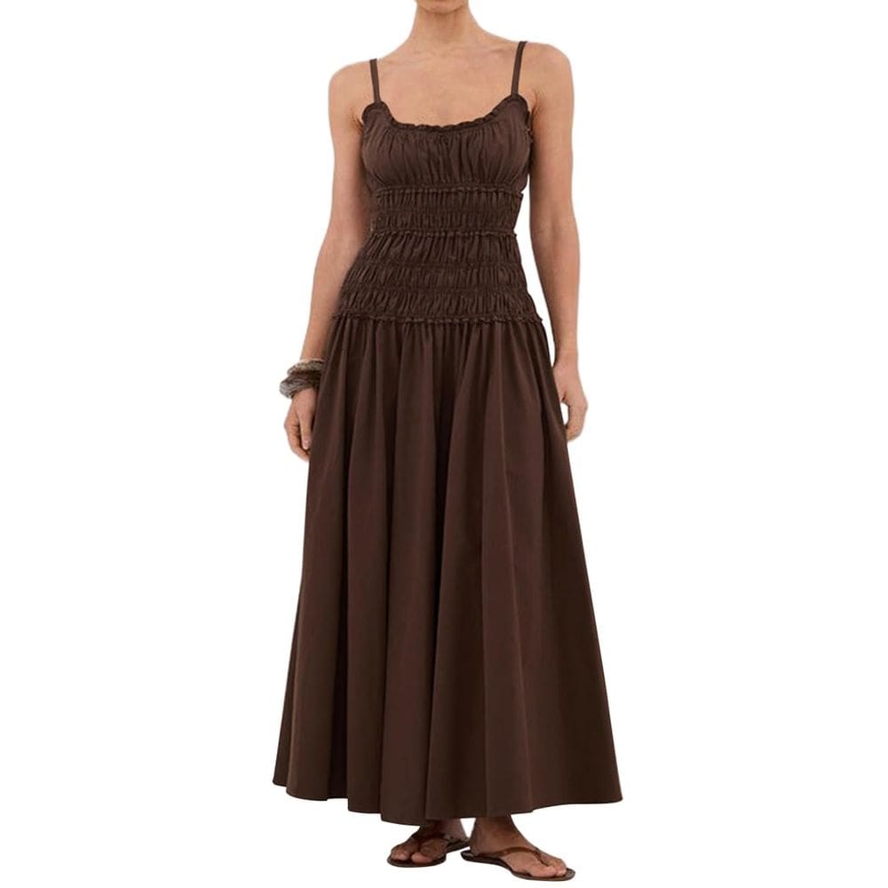 Vestido maxi feminino Eahusar, sem mangas, gola redonda, com babados, marrom