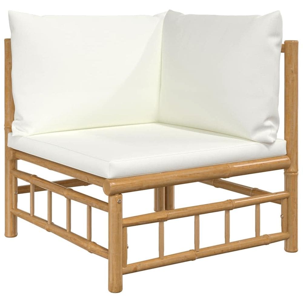 Sofá de canto de pátio vidaXL de bambu natural com almofadas branco-creme
