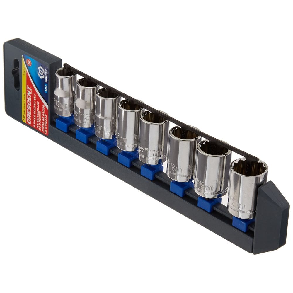 Conjunto de soquetes Crescent, 8 peças, 1/2”, unidade métrica de 12 pontos