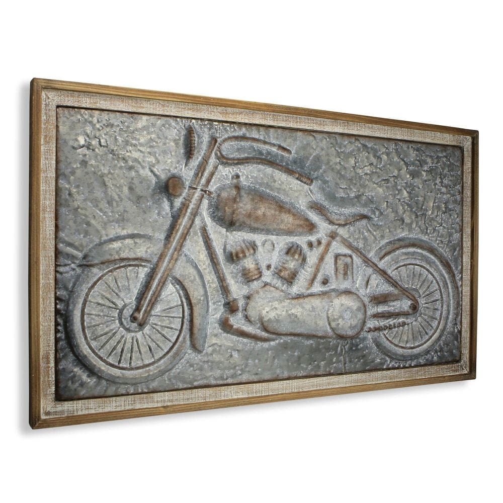 Arte de parede Cheung, metal emoldurado em madeira, decoração de motocicleta, cinza