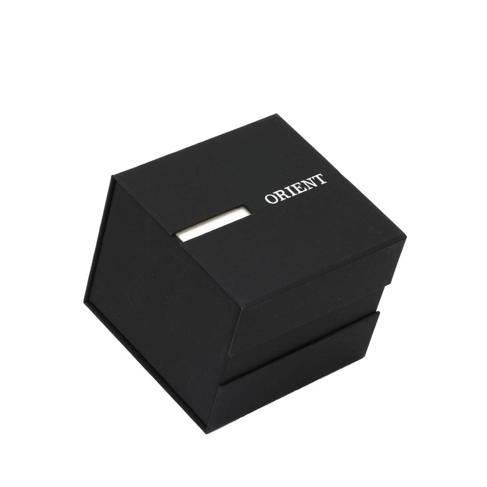 Relogio Masculino Prata Orient Fundo azul detalhes Amarelo