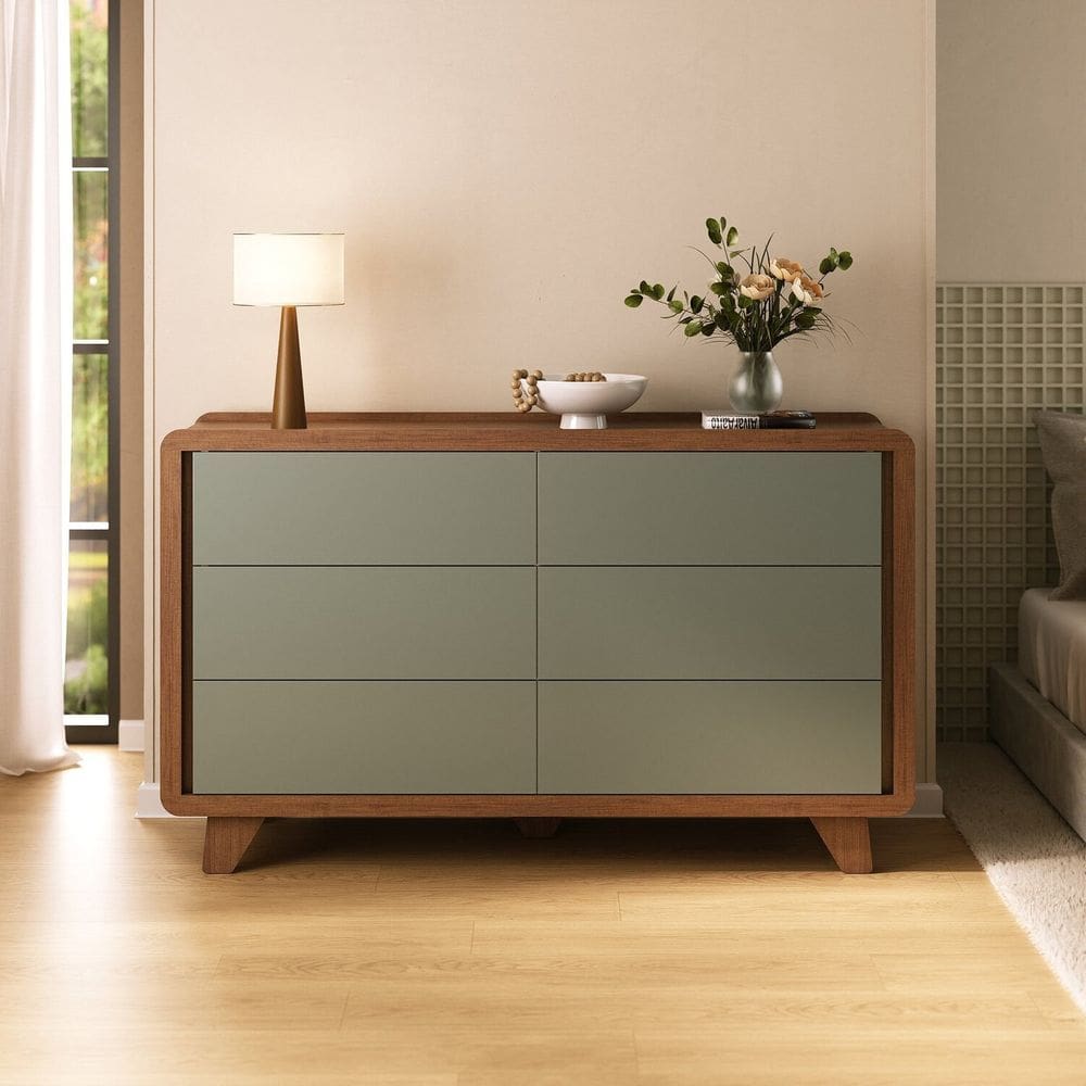 Cômoda 6 Gavetas 100% Mdf Premium com Corrediças Telescópicas e Pés Elevados Mabel Verti/ Castanho