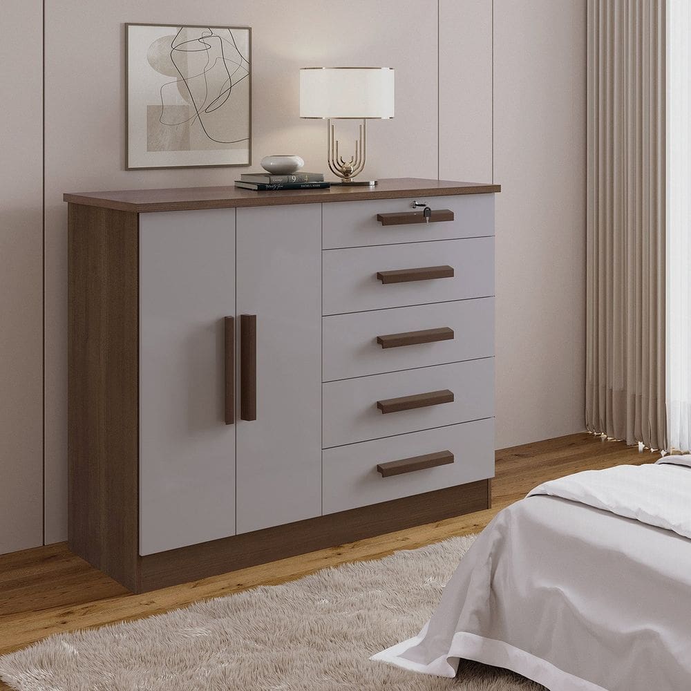 Cômoda 5 Gavetas e com Chave Tampo e Frente em Mdf Zeus Castanho /Off White
