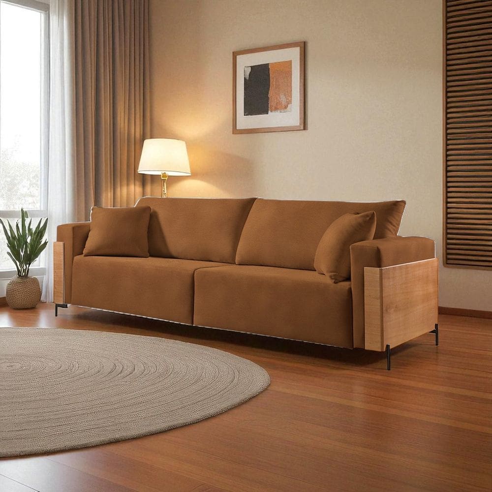 Sofá Fixo Heitor Pé de Metal Luxo 1,60m Castellar Móbile Sintético Caramelo