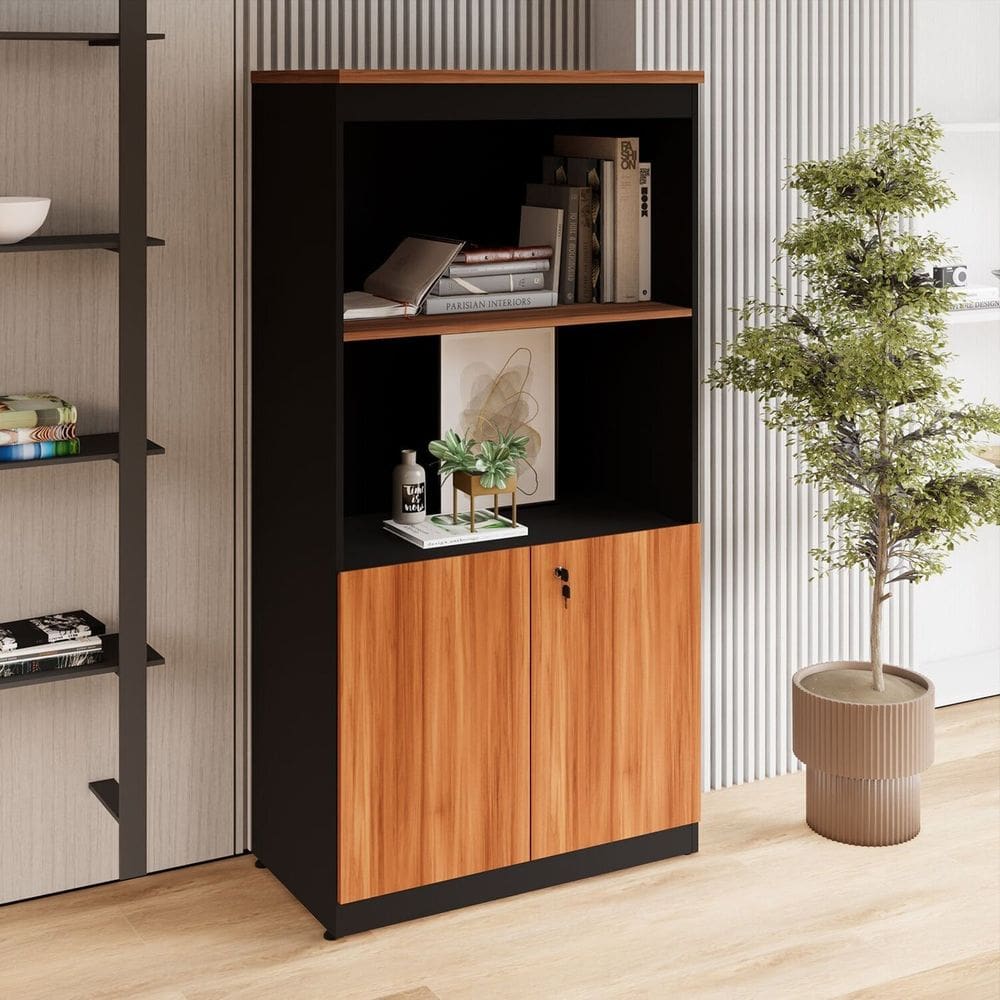Estante Armário 160cm para Escritório com 2 Portas Puxadores Cava Corporate F5 Nogal / Preto