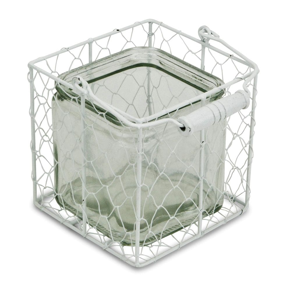 Vidro quadrado Jar Cheung`s 15S002WL em cesta de arame branco 14x14x14cm