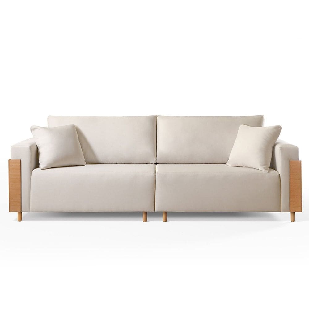 Sofá Fixo Heitor 4 Lugares Luxo Pé de Madeira 2,40m Castellar Móbile Veludo Bege Claro