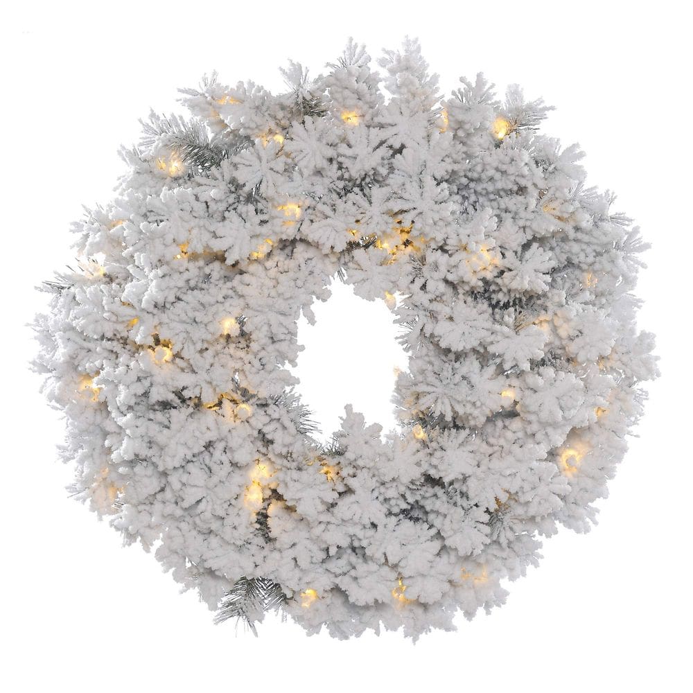Coroa de flores Vickerman, 61 cm, pinho flocado, branco quente, LED