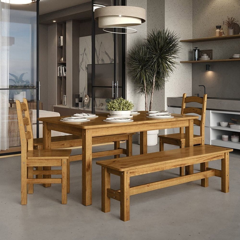 Conjunto Sala de Jantar Mesa 2 Cadeiras e 2 Bancos em Madeira Maciça Ventimiglia Espresso Móveis Nogueira