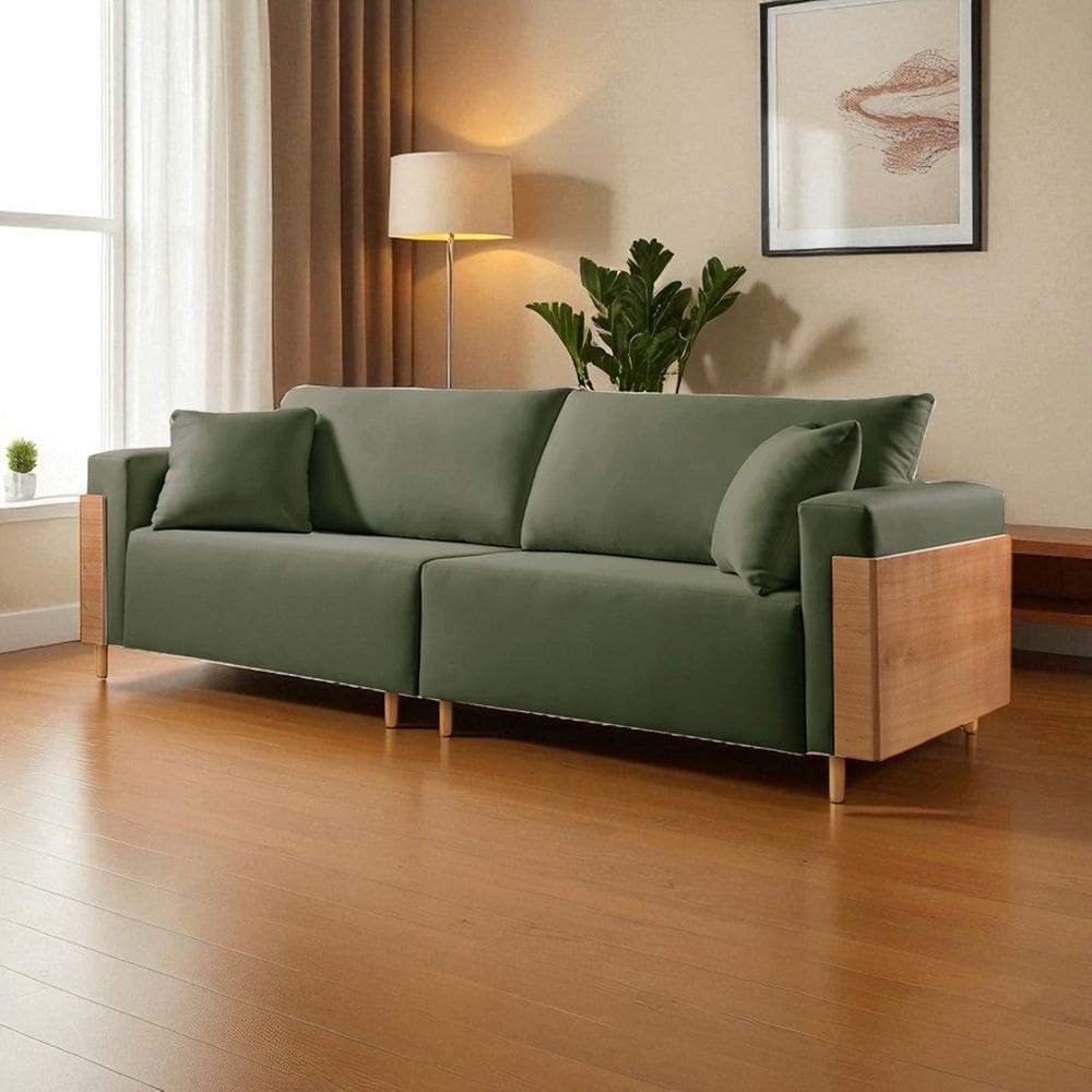 Sofá Fixo Heitor 4 Lugares Luxo Pé de Madeira 2,80m Castellar Móbile Veludo Verde