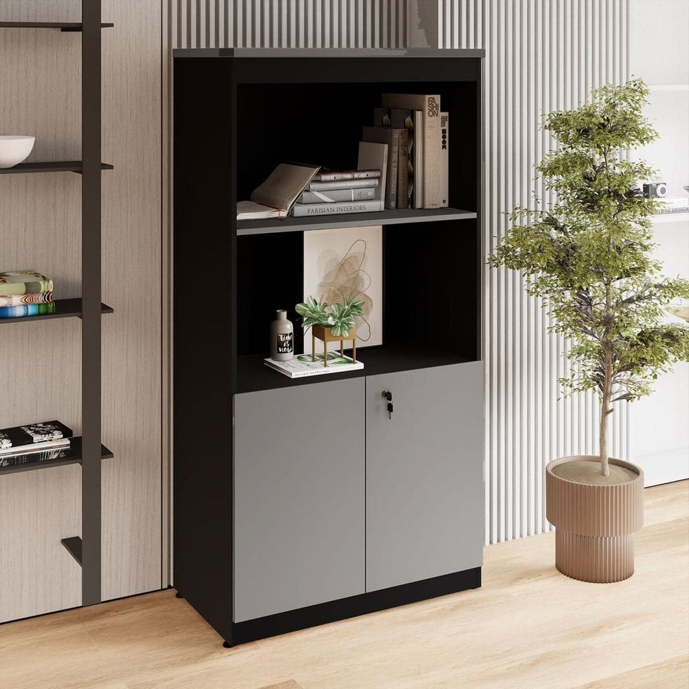 Estante Armário 160cm para Escritório com 2 Portas Puxadores Cava Corporate F5 Cinza Sagrado / Preto