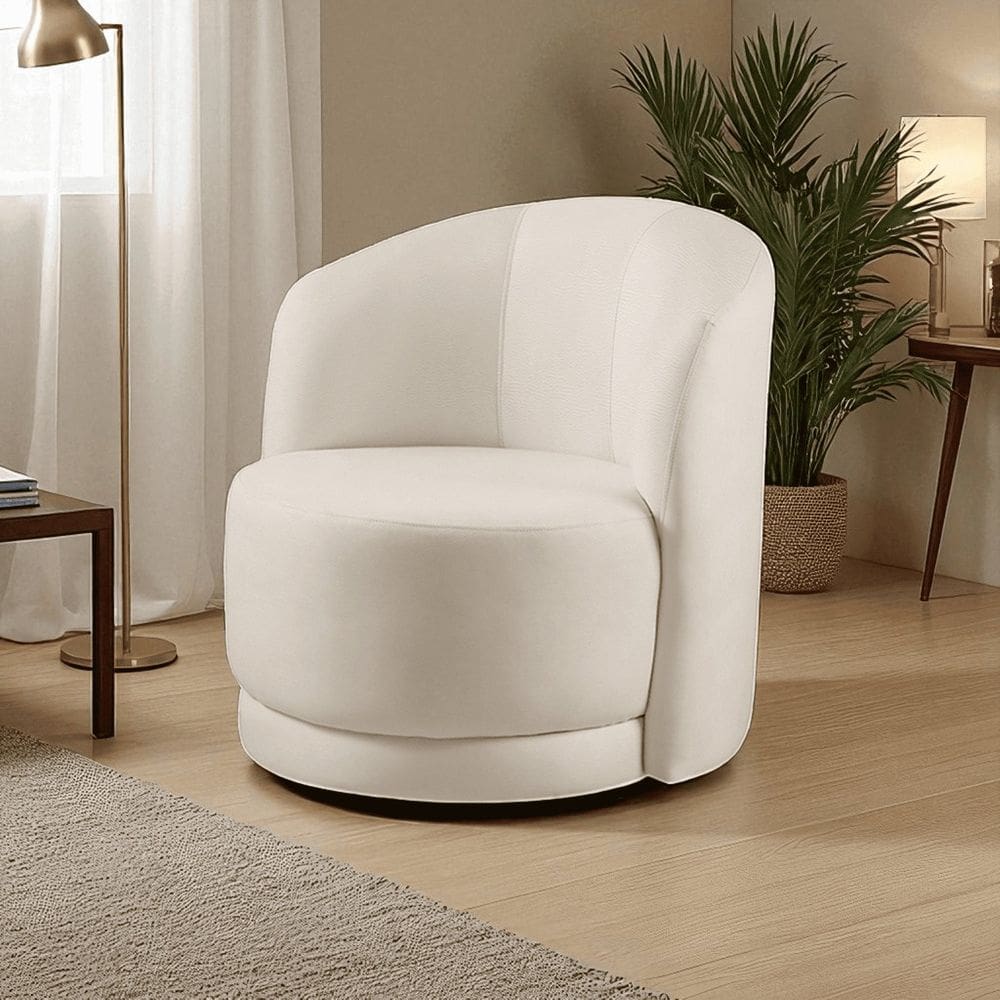 Poltrona para Sala de Estar Madeira Maciça Base Giratória Alice Off White