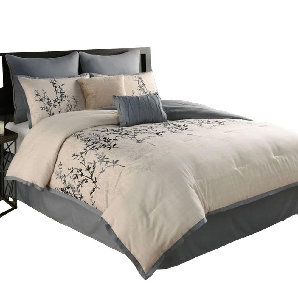 Conjunto de edredom Benzara King, 8 peças de flores azuis cremosas