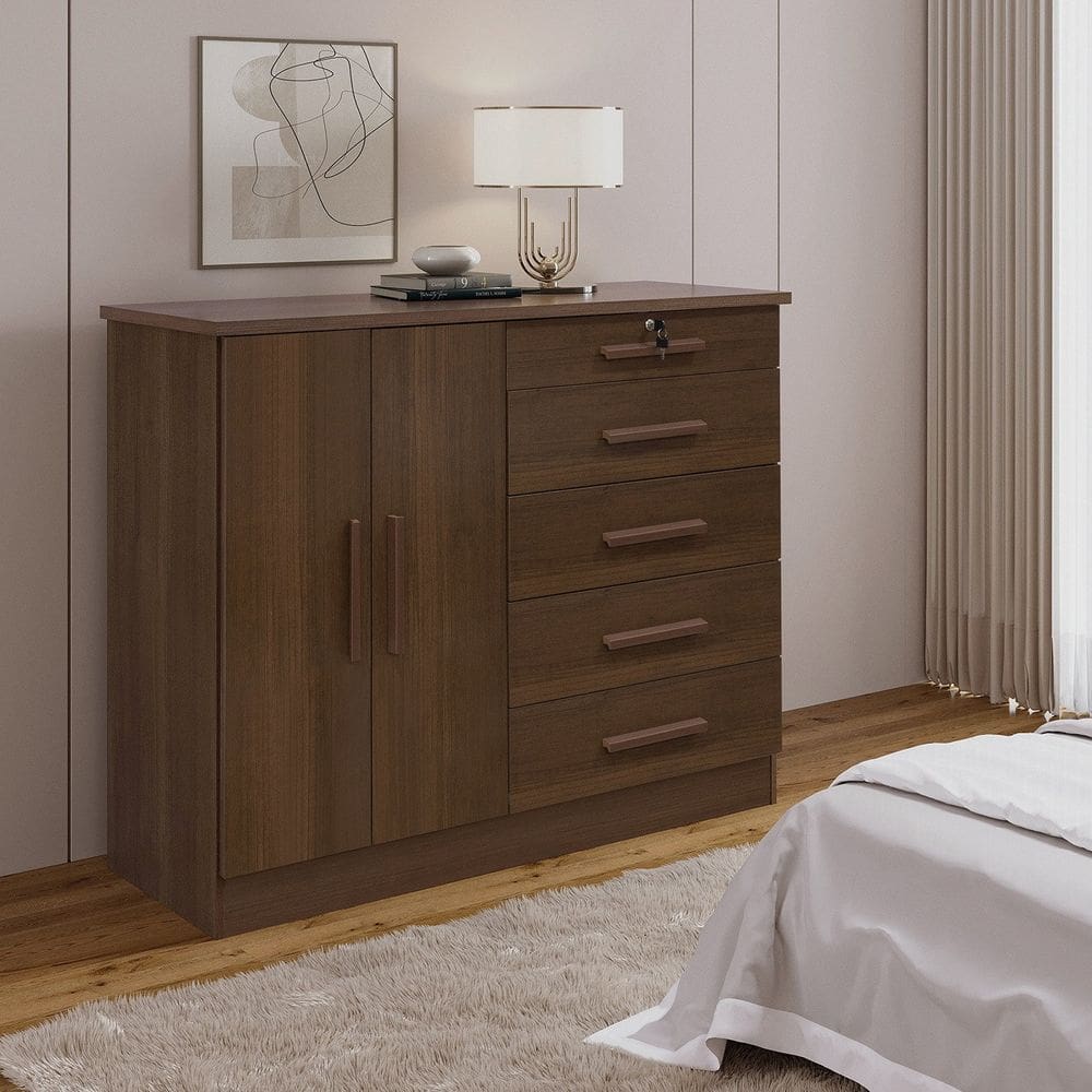 Cômoda 5 Gavetas e com Chave Tampo e Frente em Mdf Zeus Castanho