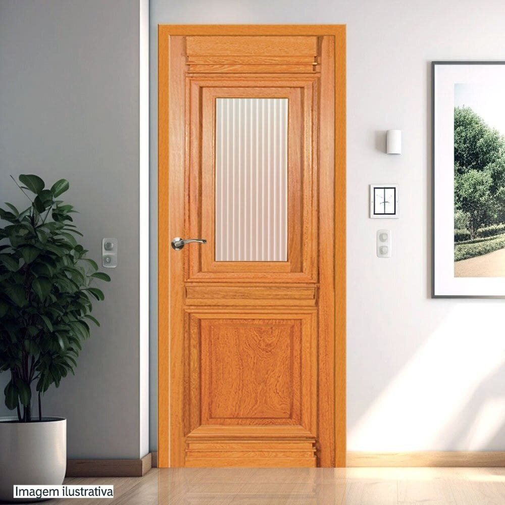 Porta de Madeira Maciça Tauari 210x80x3,3 Moldura e Detalhes Grade Jomadi Natural