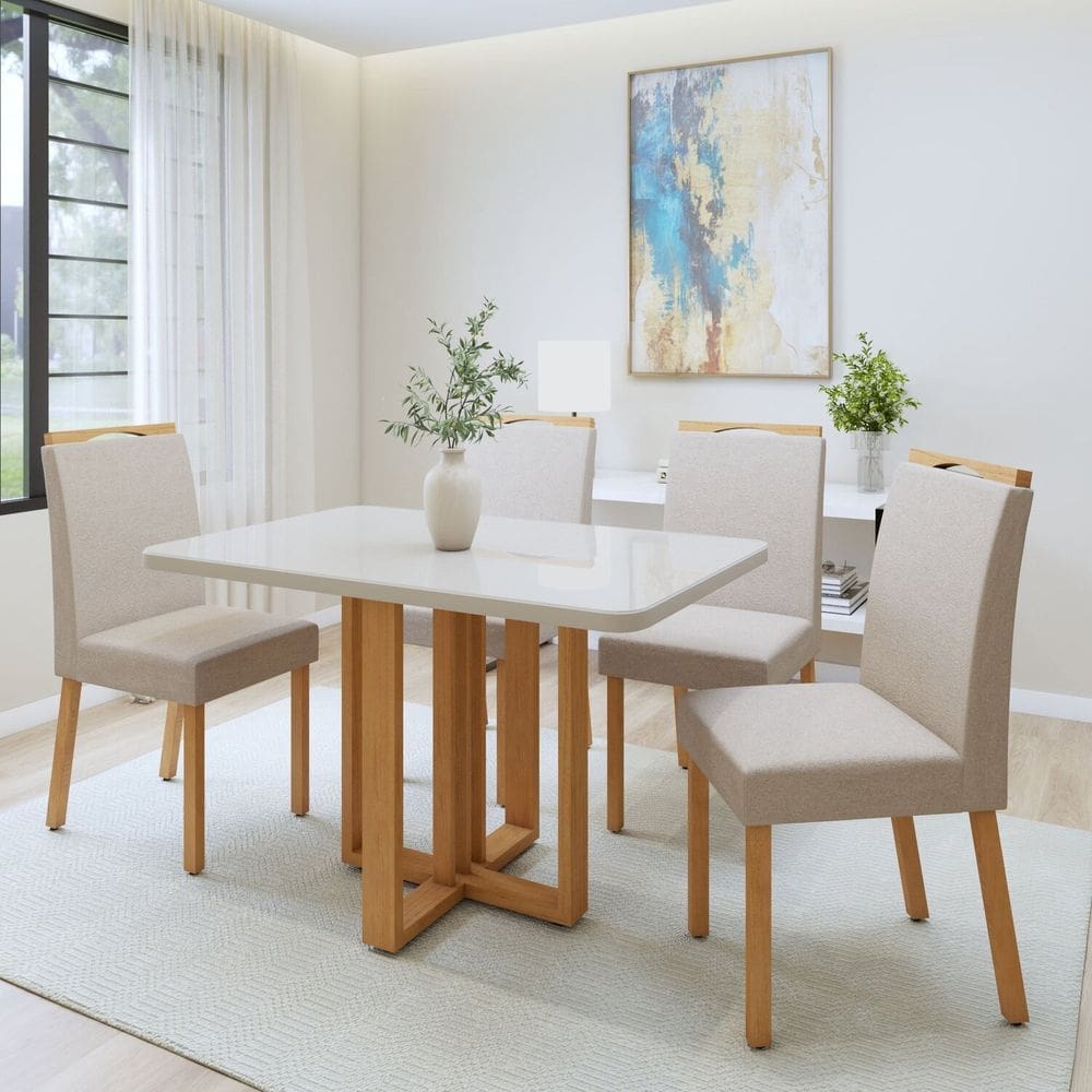 Conjunto Sala Jantar Mesa Bold 120cm Maxi Tampo Mdf e Vidro e 4 Cadeiras Pés Madeira Maciça Lunen Amêndoa Clean/Off White/Naturale Creme