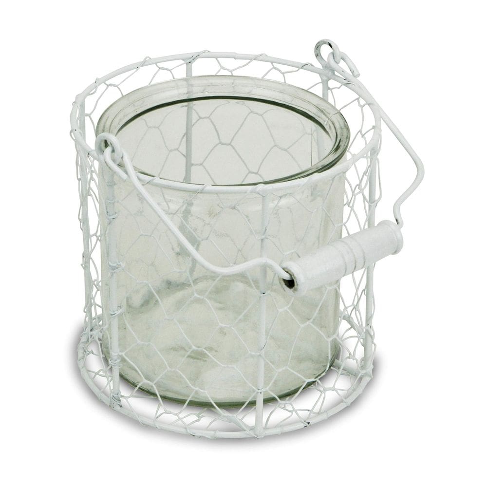 Vidro redondo Jar Cheung`s 15S001WL em cesto de arame branco 14x14x13 cm