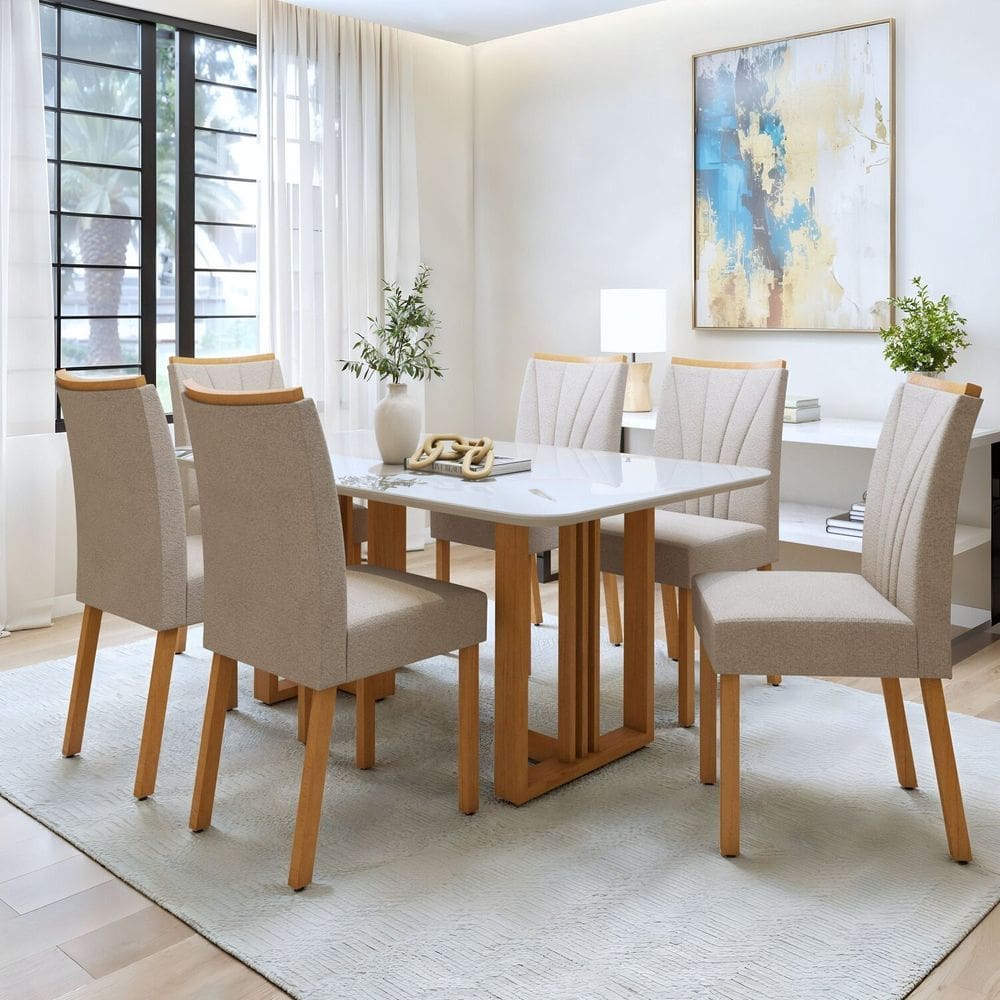 Conjunto Sala Jantar Mesa Bold 170cm Tampo Mdf e Vidro 0,4cm e 6 Cadeiras Pés Madeira Maciça Jade Amêndoa Clean/Off White/Naturale/Creme