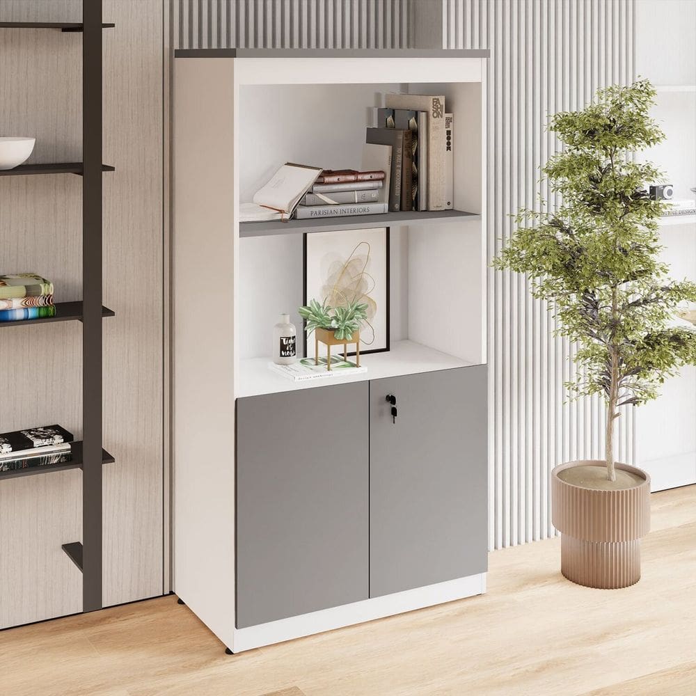 Estante Armário 160cm para Escritório com 2 Portas Puxadores Cava Corporate F5 Cinza Sagrado / Branco